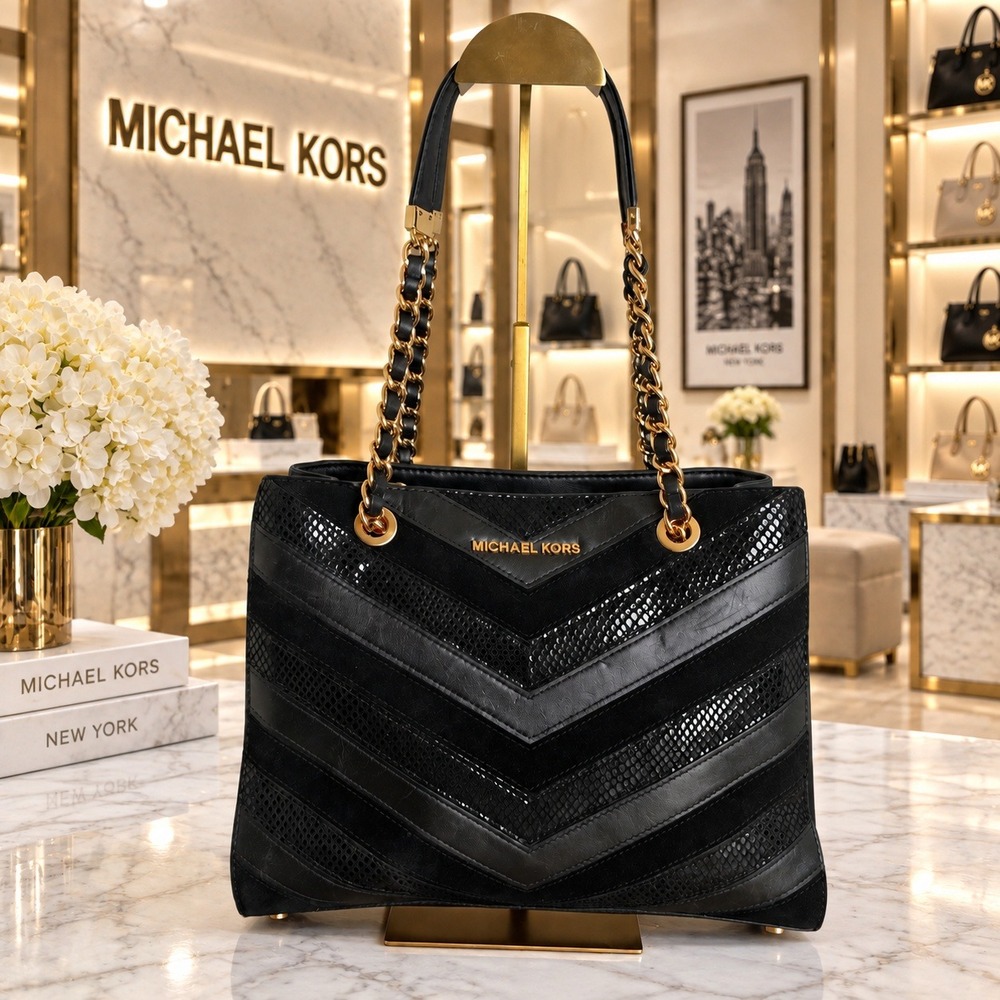 Michael Kors Susannah Chevron Black Tote Bag Patchwork Snakeskin Embossed
